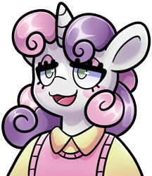 Size: 3229x3739 | Tagged: safe, artist:partypievt, derpibooru import, sweetie belle, anthro, unicorn, g4, :3, blushing, clothes, collared shirt, eyeshadow, female, horn, lidded eyes, makeup, open mouth, shirt, simple background, solo, transparent background, vest