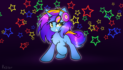 Size: 2800x1600 | Tagged: safe, artist:rejiser, derpibooru import, oc, oc only, oc:hyperpop, pony, unicorn, chest fluff, dark background, ear fluff, ears, female, glasses, headphones, horn, raised hoof, raised leg, raised tail, simple background, smiling, solo, stars, tail