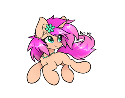 Size: 1900x1500 | Tagged: safe, artist:rejiser, derpibooru import, oc, oc only, pony, unicorn, chest fluff, ear fluff, ears, female, flower, horn, jewelry, necklace, raised hoof, raised leg, simple background, solo, tail, white background