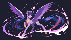 Size: 3840x2176 | Tagged: safe, ai content, derpibooru import, machine learning generated, twilight sparkle, twilight sparkle (alicorn), alicorn, pony, g4, concave belly, female, full body, generator:tponynai3, glowing, glowing horn, horn, long horn, long legs, long mane, long tail, magic, mare, older, older twilight, older twilight sparkle (alicorn), pose, prompter:truekry, slender, solo, spread wings, tail, thin, wallpaper, wings