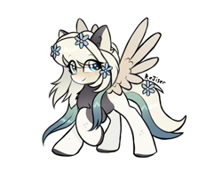 Size: 2100x1700 | Tagged: safe, artist:rejiser, derpibooru import, oc, oc only, pegasus, pony, chest fluff, ear fluff, ears, female, flower, flower in hair, flower in tail, long hair, looking at you, raised hoof, raised leg, smiling, solo, spread wings, tail, wings