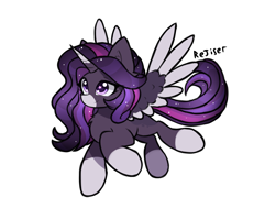 Size: 2000x1600 | Tagged: safe, artist:rejiser, derpibooru import, oc, oc only, alicorn, pony, ear fluff, ears, female, horn, long hair, raised hoof, raised leg, raised tail, simple background, smiling, solo, spread wings, tail, white background, wings