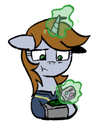 Size: 461x566 | Tagged: safe, artist:brella, derpibooru import, oc, oc only, oc:littlepip, pony, unicorn, fallout equestria, :t, bust, female, gif, horn, magic, mare, non-animated gif, outline, pipbuck, portrait, simple background, solo, telekinesis, transparent background, white outline