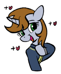 Size: 480x582 | Tagged: safe, artist:brella, derpibooru import, oc, oc only, oc:littlepip, pony, unicorn, fallout equestria, bust, female, gif, heart, hoof on chest, horn, mare, non-animated gif, open mouth, outline, portrait, simple background, smiling, solo, transparent background, white outline