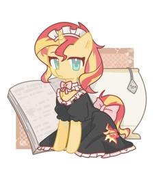 Size: 1080x1183 | Tagged: safe, artist:other, derpibooru import, sunset shimmer, pony, unicorn, g4, book, clothes, cup, female, food, horn, looking at you, maid, mare, simple background, sitting, solo, tea, teacup, white background