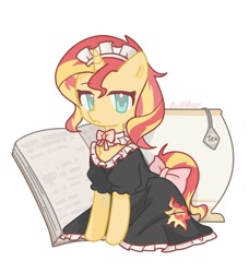 Size: 1080x1183 | Tagged: safe, alternate version, artist:other, derpibooru import, sunset shimmer, pony, unicorn, g4, book, clothes, cup, female, food, horn, looking at you, maid, mare, simple background, sitting, solo, tea, teacup, white background