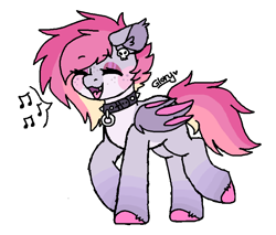 Size: 787x671 | Tagged: safe, artist:smol_boo, derpibooru import, oc, oc only, bat pony, pony, collar, cute, cute little fangs, ear fluff, ear piercing, earring, ears, eyebrows, eyebrows visible through hair, eyes closed, fangs, female, freckles, happy, jewelry, mare, music notes, piercing, simple background, singing, solo, white background