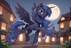 Size: 2432x1664 | Tagged: safe, ai content, derpibooru import, generator:stable diffusion, machine learning generated, princess luna, alicorn, pony, g4, flying, happy, looking at you, moon, nature, night, prompter:kimberlite, solo, town