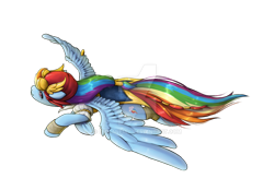 Size: 1280x889 | Tagged: safe, artist:emmaneiac, derpibooru import, rainbow dash, pegasus, pony, g4, deviantart watermark, female, flying, mare, obtrusive watermark, simple background, solo, spread wings, transparent background, watermark, windswept mane, wings