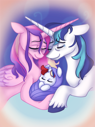 Size: 1536x2048 | Tagged: safe, artist:cloud-roots, derpibooru import, princess cadance, shining armor, oc, oc:prince scarlet heart, alicorn, pony, unicorn, g4, baby, baby pony, colt, crossed horns, eyes closed, family, female, foal, horn, horns are touching, male, mare, nuzzling, offspring, parent:princess cadance, parent:shining armor, parents:shiningcadance, shiningcadance, shipping, stallion, story included, straight, trio