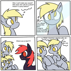 Size: 2000x2000 | Tagged: safe, artist:742, derpibooru import, derpy hooves, oc, oc:tom, earth pony, pegasus, pony, g4, clothes, comic, mirror, plushification, ponysuit, speech bubble, suit, thought bubble, thoughts