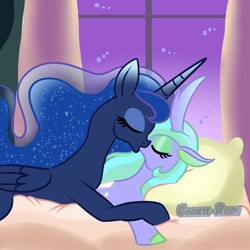 Size: 1024x1024 | Tagged: safe, artist:cookie-ruby, derpibooru import, princess luna, queen chrysalis, alicorn, changedling, changeling, pony, g4, bed, changedling queen, chrysaluna, duo, duo female, eyes closed, female, kissing, lesbian, pillow, purified chrysalis, shipping, window