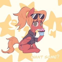 Size: 1954x1954 | Tagged: safe, artist:yuanzuowuzhedegou, derpibooru import, pegasus, pony, abstract background, clothes, cupcake, eating, female, food, mare, orange mane, red coat, shirt, solo, sunglasses