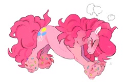 Size: 1022x653 | Tagged: safe, artist:hoofpeet, derpibooru import, pinkie pie, earth pony, g4, eyes closed, simple background, stretching, unshorn fetlocks