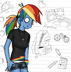 Size: 2283x2311 | Tagged: safe, artist:yuanzuowuzhedegou, derpibooru import, rainbow dash, human, g4, :t, blue skin, breasts, clothes, female, humanized, multicolored hair, rainbow hair, shirt, shorts, solo