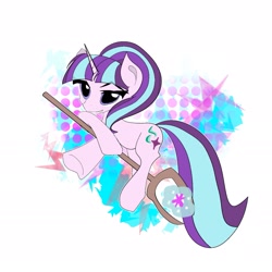 Size: 1789x1789 | Tagged: safe, artist:thegaptrixie, derpibooru import, starlight glimmer, pony, unicorn, g4, abstract background, female, horn, mare, riding, simple background, solo, staff, white background