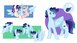 Size: 2272x1280 | Tagged: safe, artist:cloud-roots, derpibooru import, oc, oc only, oc:peach milkshake, oc:starspell sparkle, oc:wind chill, pegasus, pony, blushing, eye clipping through hair, female, group hug, hiding behind wing, hug, male, mare, no pupils, offspring, open mouth, open smile, parent:flash sentry, parent:pinkie pie, parent:pokey pierce, parent:rainbow dash, parent:soarin', parent:twilight sparkle, parents:flashlight, parents:pokeypie, parents:soarindash, smiling, stallion, wings