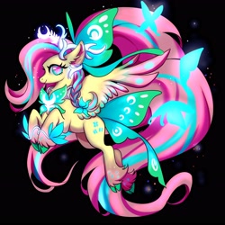 Size: 3402x3402 | Tagged: safe, artist:r-cang, derpibooru import, fluttershy, butterfly, pegasus, pony, g4, black background, simple background, smiling, solo