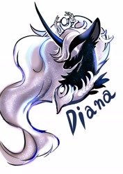 Size: 2480x3508 | Tagged: safe, artist:r-cang, derpibooru import, oc, oc only, oc:diana, pony, unicorn, black coat, bust, horn, jewelry, necklace, not luna, simple background, solo, white background