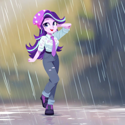 Size: 1024x1024 | Tagged: safe, ai content, derpibooru import, generator:pony diffusion v6 xl, generator:purplesmart.ai, generator:stable diffusion, machine learning generated, starlight glimmer, equestria girls, g4, beanie, clothes, hat, looking at you, necktie, open mouth, open smile, pants, prompter:jesterofdestiny, rain, ripped pants, shirt, shoes, smiling, solo, torn clothes, wet, wet clothes, wet hair