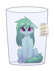 Size: 2480x3300 | Tagged: safe, artist:keupoz, derpibooru import, oc, oc only, oc:kazumi, unicorn, cheek fluff, chest fluff, commission, ears, floppy ears, frown, glass, horn, imprisoned, leg fluff, looking at you, paper, shoulder fluff, signature, simple background, sitting, solo, tape, text, transparent background, unicorn oc