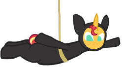 Size: 2401x1310 | Tagged: safe, artist:wissle, derpibooru import, sunset shimmer, pony, unicorn, g4, bodysuit, catsuit, clothes, female, hanging, horn, mare, mission impossible, newbie artist training grounds, rope, simple background, solo, spy, stealth suit, suspended, transparent background