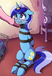 Size: 1280x1856 | Tagged: safe, ai content, derpibooru import, machine learning generated, minuette, pony, unicorn, g4, arm behind back, bondage, bound and gagged, chest fluff, collar, crying, damsel in distress, female, frog (hoof), gag, hooves, horn, horn ring, kidnapped, magic suppression, mare, prompter:archangel213, ring, rope, rope bondage, scared, solo, tape, tape gag, tied up, underhoof, unshorn fetlocks