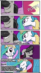 Size: 1600x2817 | Tagged: safe, artist:bestponies, derpibooru import, octavia melody, princess celestia, alicorn, earth pony, pony, comic:equestria six shadows, g4, ..., angry, bed, bedroom, comic, crown, dialogue, female, grin, jewelry, mare, open mouth, open smile, pillow, poof, regalia, sleeping, smiling, teleportation, window