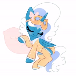 Size: 6890x6890 | Tagged: safe, artist:riofluttershy, derpibooru import, oc, oc only, oc:fleurbelle, alicorn, pony, alicorn oc, blushing, bow, clothes, cute, eye mask, eyes closed, female, heart, horn, mare, pajamas, pillow, pink bow, simple background, sleeping, socks, solo, tail, two toned hair, two toned mane, two toned tail, white background, wings