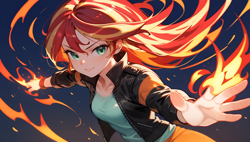 Size: 3840x2176 | Tagged: safe, ai content, derpibooru import, machine learning generated, sunset shimmer, human, equestria girls, g4, clothes, fire, generator:tponynai3, jacket, leather, leather jacket, magic, prompter:truekry, simple background, wallpaper