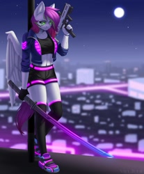 Size: 1700x2050 | Tagged: safe, artist:villjulie, derpibooru import, oc, oc:ellie berryheart, anthro, pegasus, city, clothes, cyberpunk, female, green eyes, gun, implants, jacket, katana, light, moon, neon, night, roof, serious, shoes, shorts, sneakers, solo, stars, sword, weapon, white wings, wings