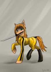 Size: 2150x3035 | Tagged: safe, artist:kirieshka, derpibooru import, earth pony, pony, beatrix kiddo, boots, clothes, costume, green eyes, katana, kill bill, mouth hold, ponified, shoes, species swap, suit, sword, weapon, yellow