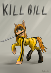 Size: 2150x3035 | Tagged: safe, alternate version, artist:kirieshka, derpibooru import, earth pony, pony, beatrix kiddo, boots, clothes, costume, katana, kill bill, mouth hold, ponified, shoes, species swap, suit, sword, title, weapon