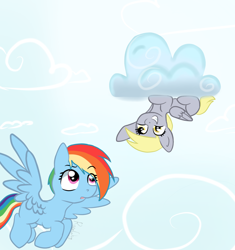 Size: 1700x1805 | Tagged: safe, artist:flutterbug18, derpibooru import, derpy hooves, rainbow dash, pegasus, pony, g4, cloud, confused, derpy being derpy, duo, female, flying, mare, sky, smiling, upside down, waving