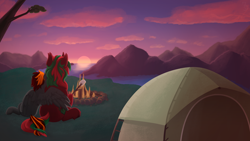 Size: 3840x2160 | Tagged: safe, artist:sevenserenity, derpibooru import, oc, oc only, oc:ambrosia firehoof, oc:explosivepone, campfire, camping, duo, fire, hug, mountain, oc x oc, s'mores, scenery, shipping, tent, tree, winghug, wings