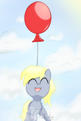 Size: 992x1480 | Tagged: safe, artist:flutterbug18, derpibooru import, derpy hooves, pegasus, pony, g4, balloon, cloud, cute, derpabetes, eyes closed, female, flying, mare, open mouth, open smile, sky, smiling, solo