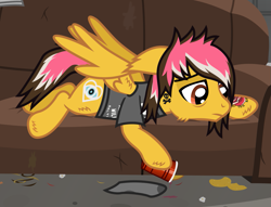 Size: 1513x1155 | Tagged: safe, artist:lightningbolt, derpibooru exclusive, derpibooru import, pegasus, pony, .svg available, alcohol, alex gaskarth, all time low, bags under eyes, butt fluff, cheek fluff, clothes, cup, drink, drunk, dyed mane, dyed tail, ear fluff, ears, floppy ears, frown, hoof fluff, hoof hold, lidded eyes, looking down, lying down, male, messy room, partially open wings, ponified, prone, sad, shirt, show accurate, sofa, solo, species swap, stallion, svg, t-shirt, tail, tattoo, vector, wing fluff, wings