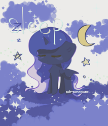 Size: 1705x2000 | Tagged: safe, artist:xinjinjumin091253688112, derpibooru import, princess luna, alicorn, pony, g4, chibi, cloud, eyes closed, female, mare, moon, sleeping, solo, spread wings, text, wings