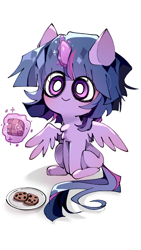 Size: 540x960 | Tagged: safe, artist:fadiandeyinfu, derpibooru import, twilight sparkle, twilight sparkle (alicorn), alicorn, pony, g4, cookie, female, food, magic, mare, plate, simple background, sitting, smiling, spread wings, telekinesis, white background, wings