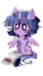 Size: 540x960 | Tagged: safe, alternate version, artist:fadiandeyinfu, derpibooru import, twilight sparkle, twilight sparkle (alicorn), alicorn, pony, g4, cookie, female, food, mare, plate, simple background, sitting, smiling, spread wings, white background, wings