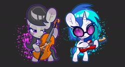 Size: 2000x1080 | Tagged: safe, artist:rlabbiy, derpibooru import, dj pon-3, octavia melody, vinyl scratch, earth pony, pony, unicorn, g4, bipedal, cello, chibi, color outline, electric guitar, female, gray background, grin, guitar, horn, mare, musical instrument, simple background, smiling, solo