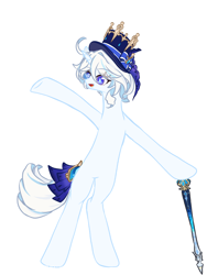 Size: 750x1000 | Tagged: safe, artist:xiaoshundrew, derpibooru import, pony, unicorn, bipedal, bipedal leaning, female, furina (genshin impact), genshin impact, hat, horn, leaning, mare, ponified, simple background, solo, species swap, sword, weapon, white background