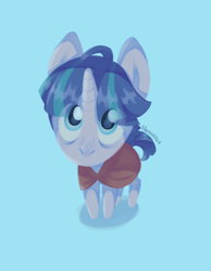 Size: 2776x3576 | Tagged: safe, artist:alex6886, derpibooru import, stygian, pony, unicorn, g4, blue background, cloak, clothes, cute, eye clipping through hair, high angle, horn, lineless, looking at you, puppy dog eyes, signature, simple background, solo, stygianbetes, wide eyes