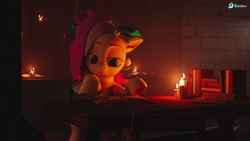 Size: 5760x3240 | Tagged: safe, artist:reinbou, derpibooru import, oc, oc only, oc:hope gate, earth pony, pony, 3d, blender, blender cycles, book, library, night, solo