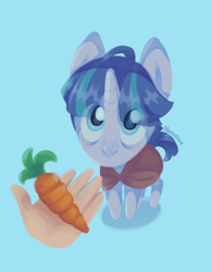 Size: 2776x3576 | Tagged: safe, alternate version, artist:alex6886, derpibooru import, stygian, pony, unicorn, g4, blue background, carrot, cloak, clothes, cute, disembodied hand, eye clipping through hair, food, hand, high angle, horn, lineless, looking at you, puppy dog eyes, signature, simple background, solo, stygianbetes, wide eyes