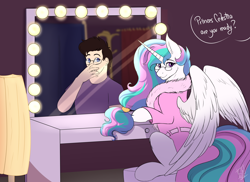 Size: 4000x2914 | Tagged: safe, artist:shamy-crist, derpibooru import, princess celestia, alicorn, human, pony, g4, bathrobe, clothes, glasses, mirror, reflection, robe