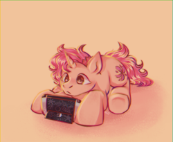 Size: 2056x1685 | Tagged: safe, artist:alex6886, derpibooru import, oc, oc only, oc:cotton bloom, pony, unicorn, brown eyes, horn, lying down, messy mane, nintendo, nintendo switch, pink hair, pink mane, simple background, solo