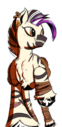 Size: 1320x2707 | Tagged: safe, artist:skunkstripe, derpibooru import, oc, oc:vitali, zebra, fanfic:set sail, bag, bandage, ear piercing, earring, female, jewelry, piercing, simple background, solo, solo female, white background, zebra oc