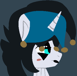 Size: 324x321 | Tagged: safe, artist:jadeharmony, artist:swaggykittycat, derpibooru import, oc, oc only, oc:elizabat stormfeather, alicorn, bat pony, bat pony alicorn, pony, alicorn oc, base used, bat pony oc, bat wings, batman, batman: caped crusader, blue background, clothes, clown, clown makeup, cosplay, costume, crossover, dc comics, face paint, female, harley quinn, horn, jester, lipstick, mare, simple background, solo, wings