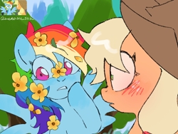 Size: 4096x3072 | Tagged: safe, artist:metaruscarlet, derpibooru import, applejack, rainbow dash, earth pony, pegasus, pony, g4, appledash, applejack's hat, blushing, clothes, cowboy hat, female, flower, flower in hair, freckles, grass, hat, hoof on cheek, lesbian, open mouth, raised hoof, raised leg, reference, ship:rainbowjack, shipping, spread wings, surprised, tree, wings